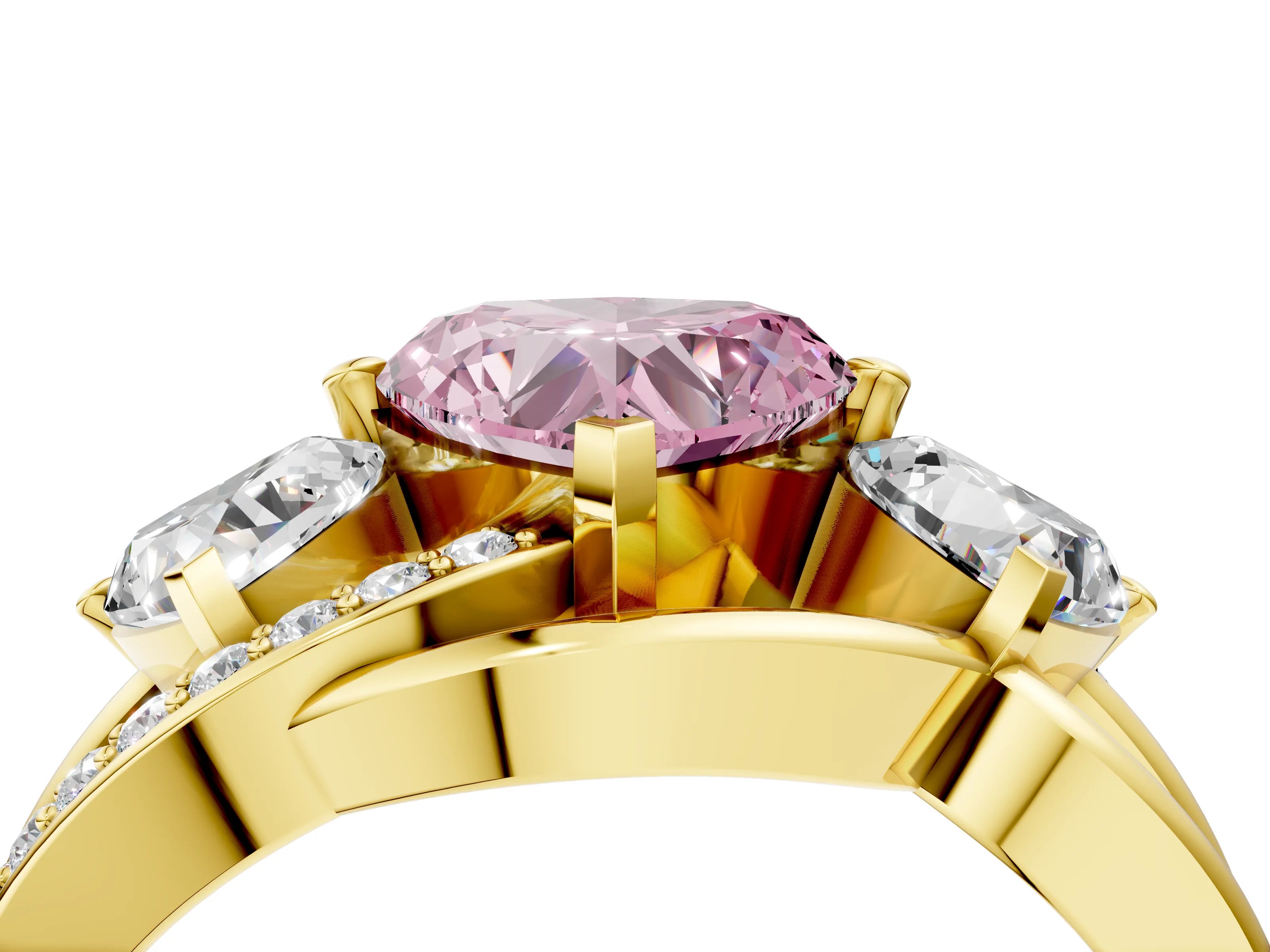 Yellow gold Three-Stone Fancy Pink Heart Cut Cut Diamond Split Shank Prong Set Ring_4