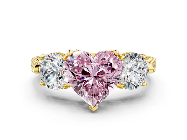 Yellow Gold Heart-Shaped Vintage Three Stone Engagement Ring Setting for Fancy Pink Center