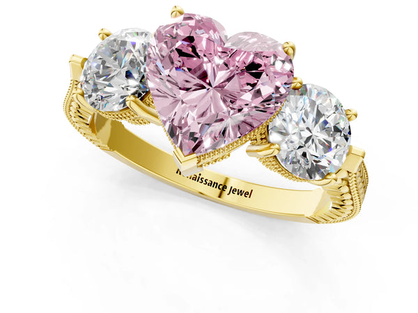 Yellow Gold Heart-Shaped Vintage Three Stone Engagement Ring Setting for Fancy Pink Center
