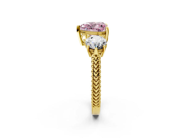 Yellow Gold Heart-Shaped Vintage Three Stone Engagement Ring Setting for Fancy Pink Center