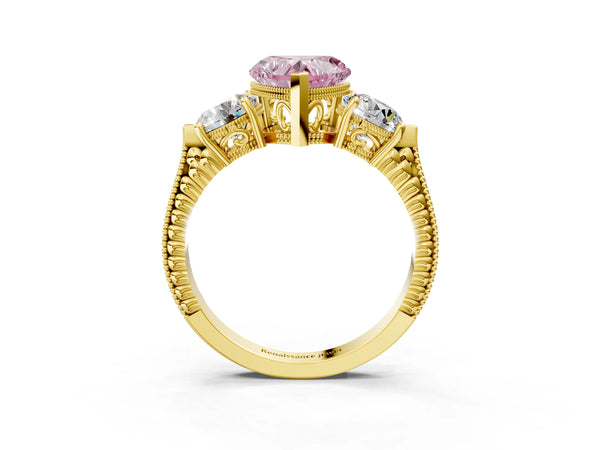 Yellow Gold Heart-Shaped Vintage Three Stone Engagement Ring Setting for Fancy Pink Center