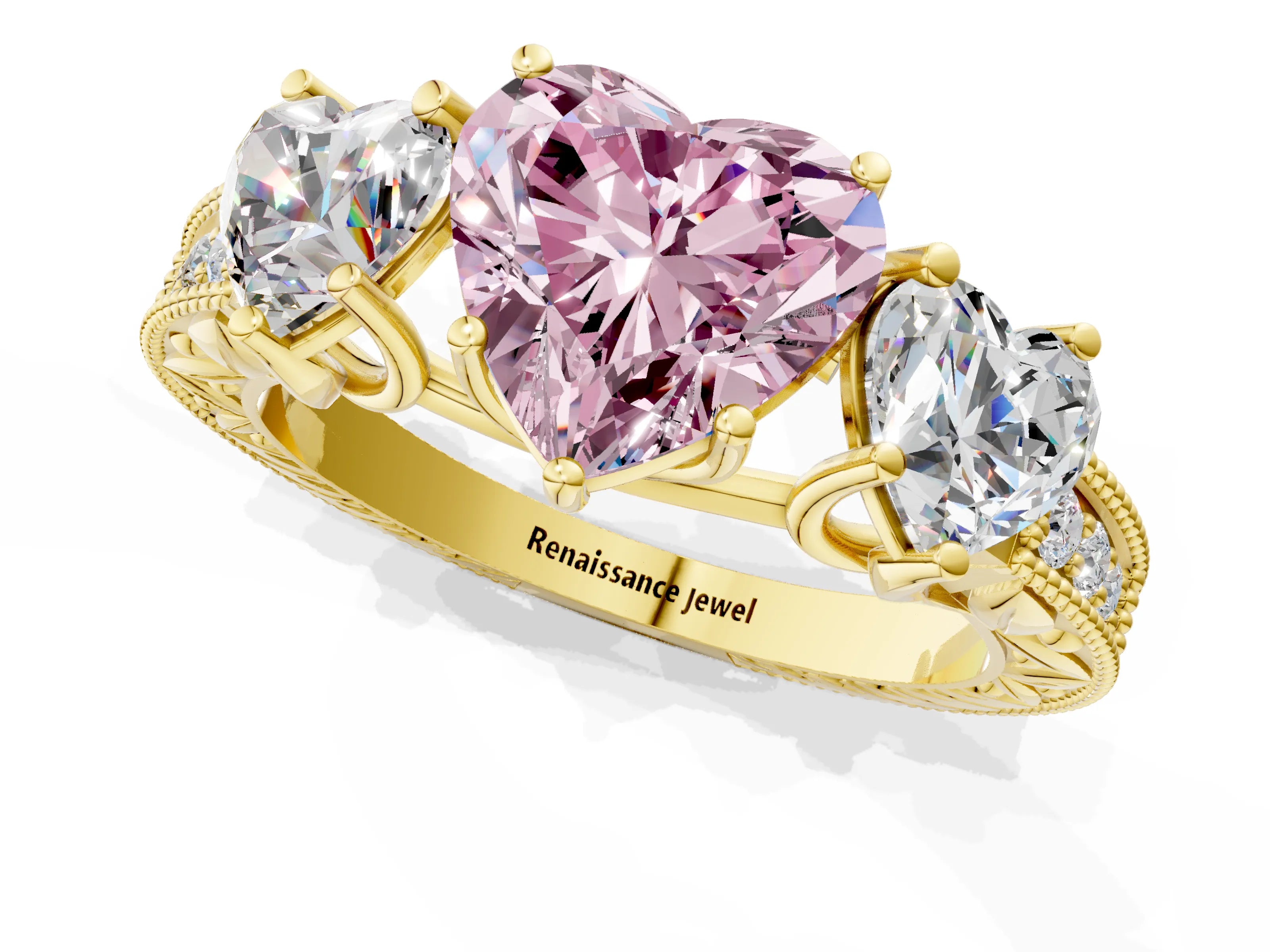 Yellow gold Three-Stone Fancy Pink Heart Cut Cut Milgrain Pavé Engagement Ring_1