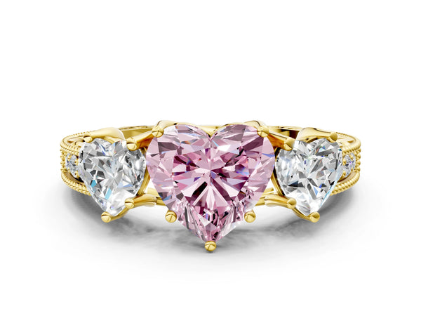 Yellow Gold Heart-Shaped Engraved Three Stone Engagement Ring Setting for Fancy Pink Center