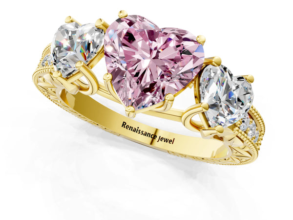 Yellow Gold Heart-Shaped Engraved Three Stone Engagement Ring Setting for Fancy Pink Center