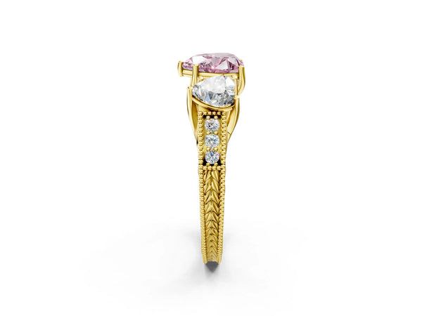 Yellow Gold Heart-Shaped Engraved Three Stone Engagement Ring Setting for Fancy Pink Center