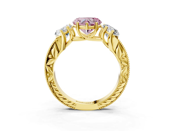 Yellow Gold Heart-Shaped Engraved Three Stone Engagement Ring Setting for Fancy Pink Center