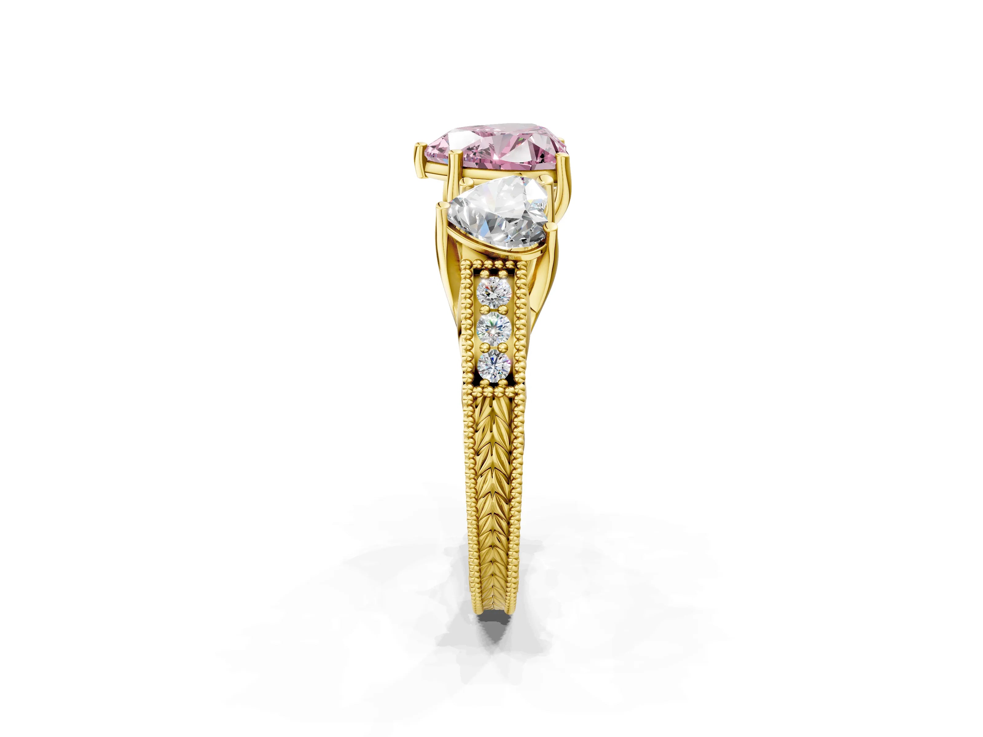 Yellow gold Three-Stone Fancy Pink Heart Cut Cut Milgrain Pavé Engagement Ring_2