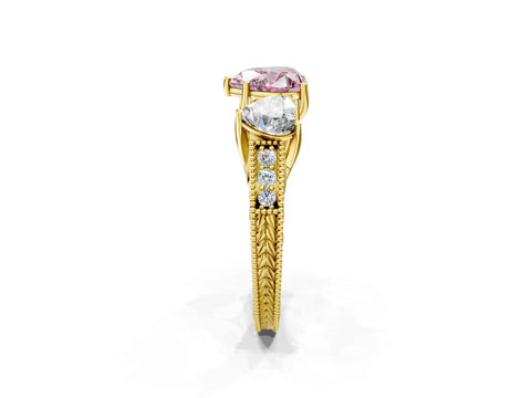 Yellow gold Three-Stone Fancy Pink Heart Cut Cut Milgrain Pavé Engagement Ring_2