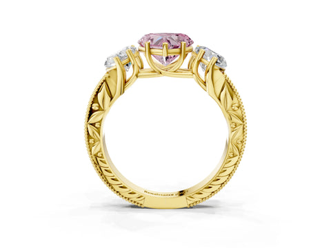 Yellow gold Three-Stone Fancy Pink Heart Cut Cut Milgrain Pavé Engagement Ring_3