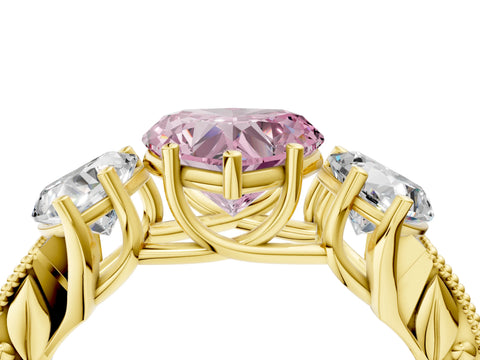 Yellow gold Three-Stone Fancy Pink Heart Cut Cut Milgrain Pavé Engagement Ring_4