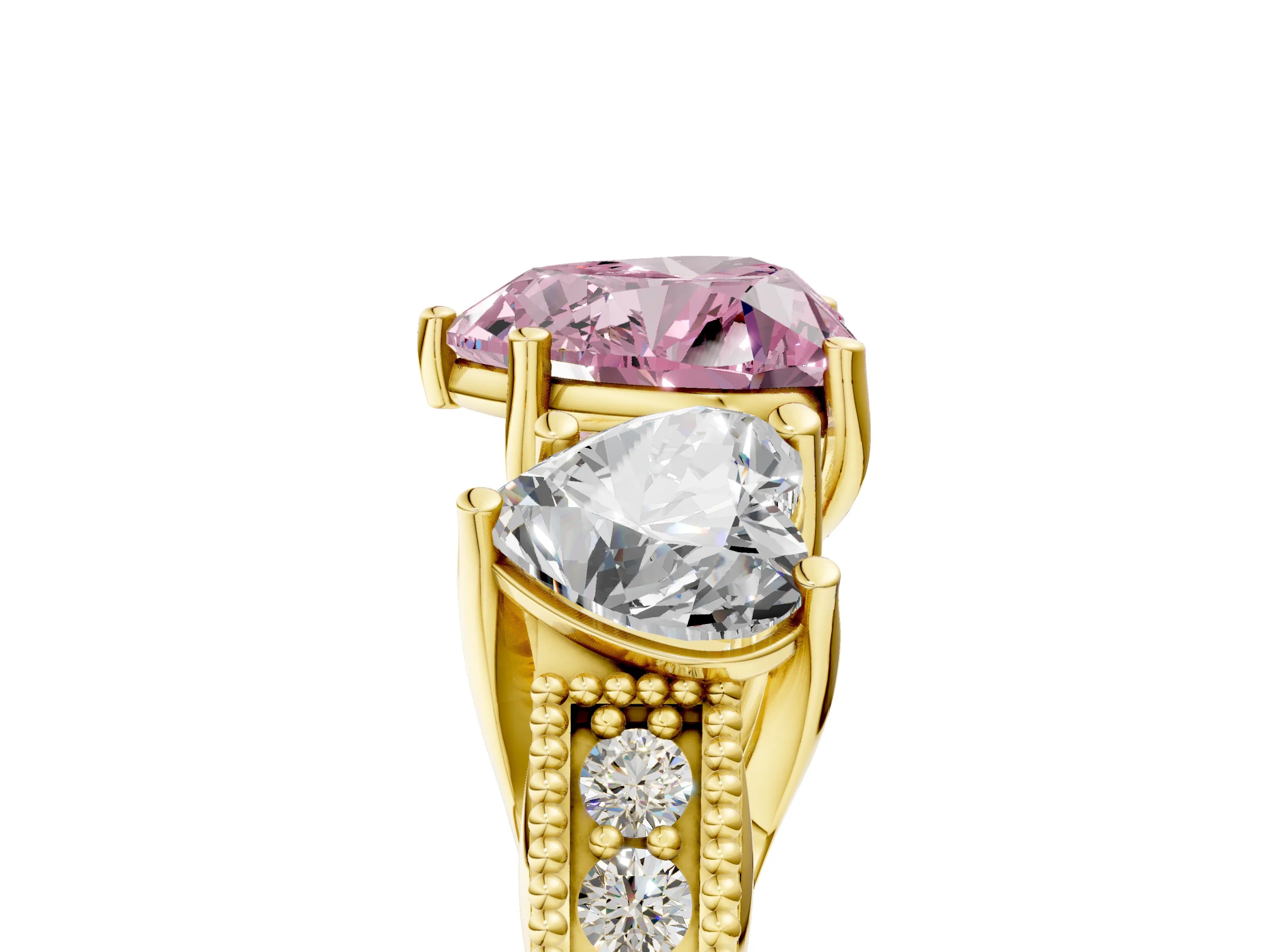 Yellow gold Three-Stone Fancy Pink Heart Cut Cut Milgrain Pavé Engagement Ring_5