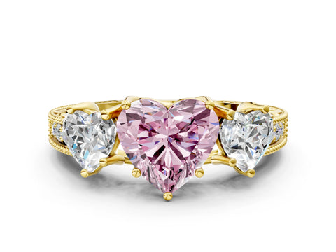 Yellow gold Three-Stone Fancy Pink Heart Cut Cut Milgrain Pavé Engagement Ring