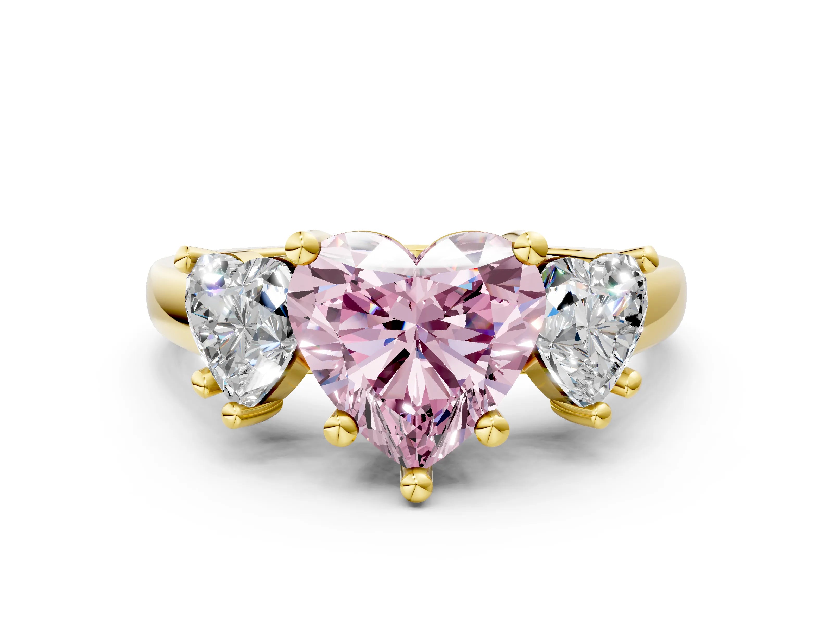 Yellow gold Three-Stone Fancy Pink Heart Cut Cut Solitaire Ring with Classic Prong Setting