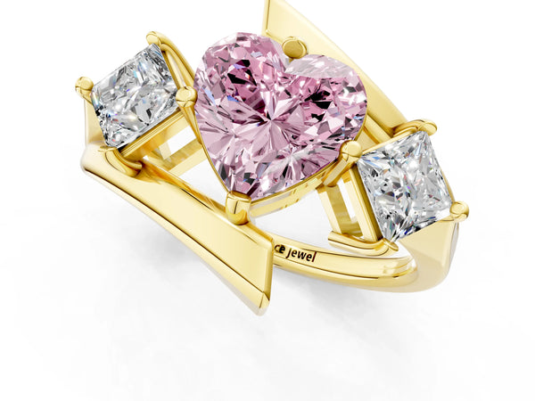 Yellow gold Three-Stone Fancy Pink Heart Cut Cut Tension Band Ring with Four-Prong Setting