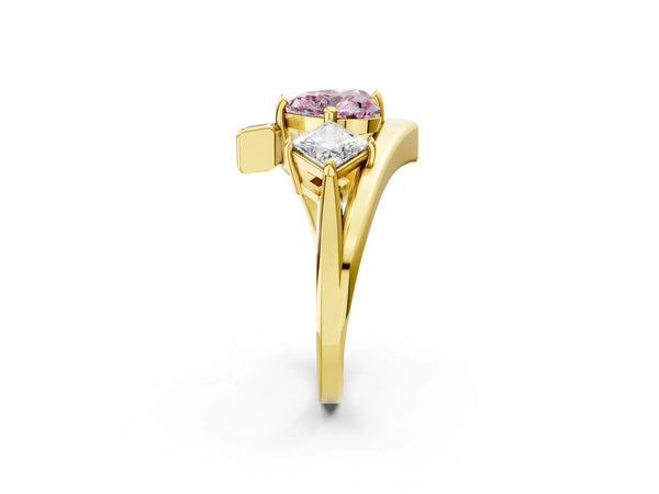 Yellow gold Three-Stone Fancy Pink Heart Cut Cut Tension Band Ring with Four-Prong Setting