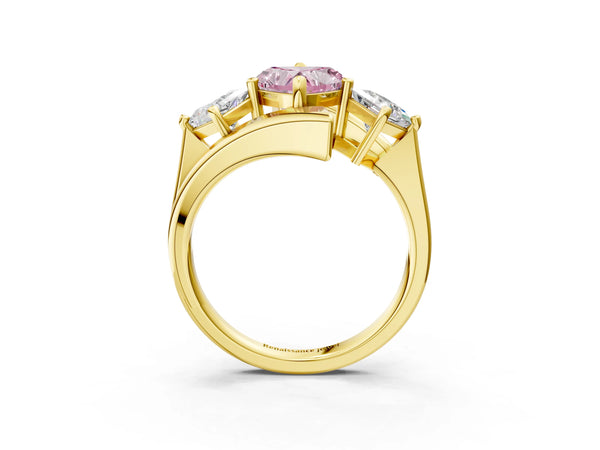Yellow gold Three-Stone Fancy Pink Heart Cut Cut Tension Band Ring with Four-Prong Setting