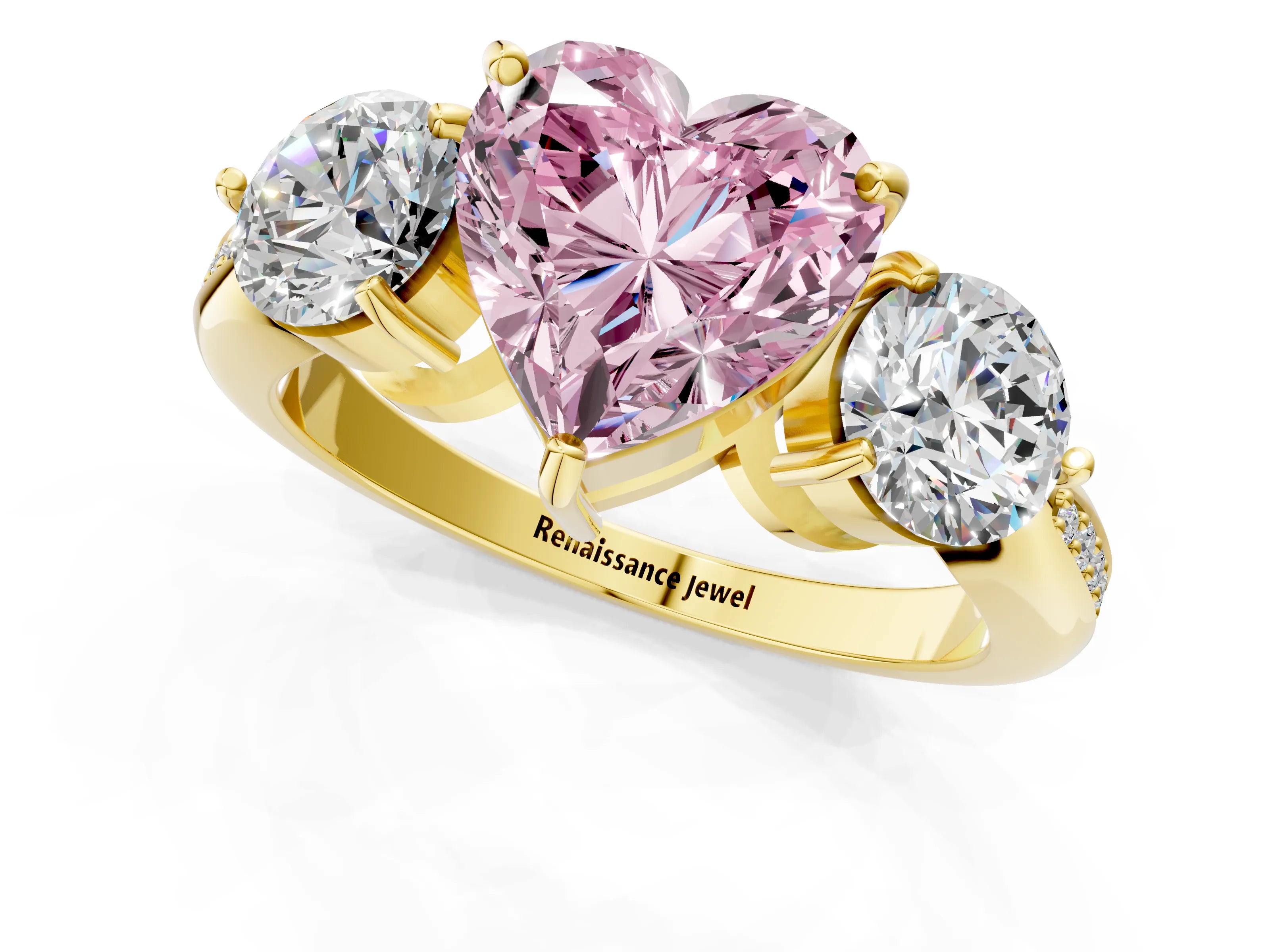 Yellow gold Three-Stone Fancy Pink Heart Cut Diamond Channel Set Engagement Ring with Prong Setting_13