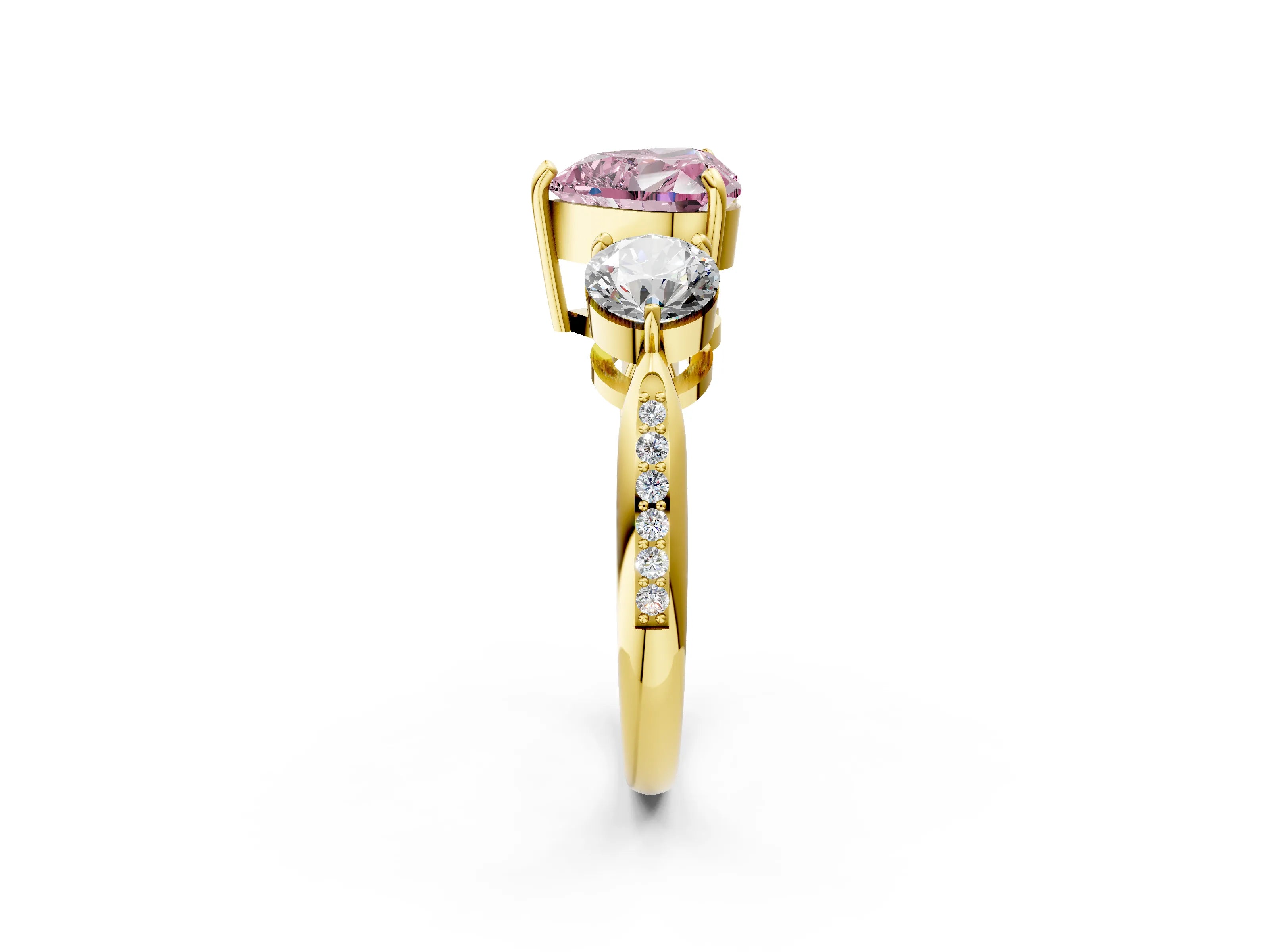 Yellow gold Three-Stone Fancy Pink Heart Cut Diamond Channel Set Engagement Ring with Prong Setting_14