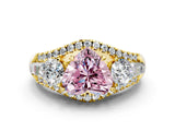 Yellow gold Three-Stone Fancy Pink Heart Cut Diamond Engagement Ring with Pave Band and Prong Setting