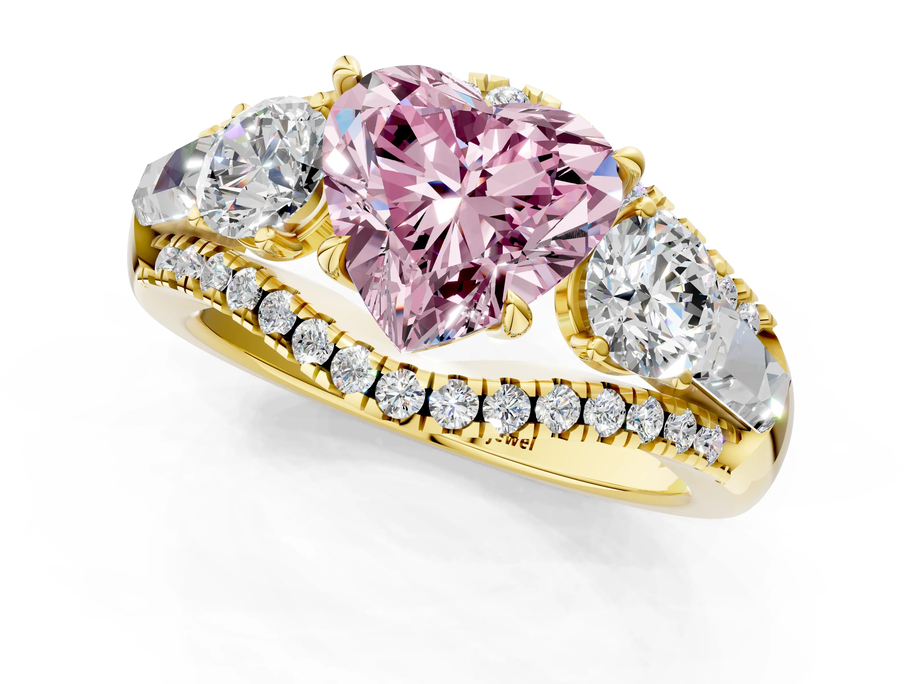 Yellow gold Three-Stone Fancy Pink Heart Cut Diamond Engagement Ring with Pave Band and Prong Setting_1