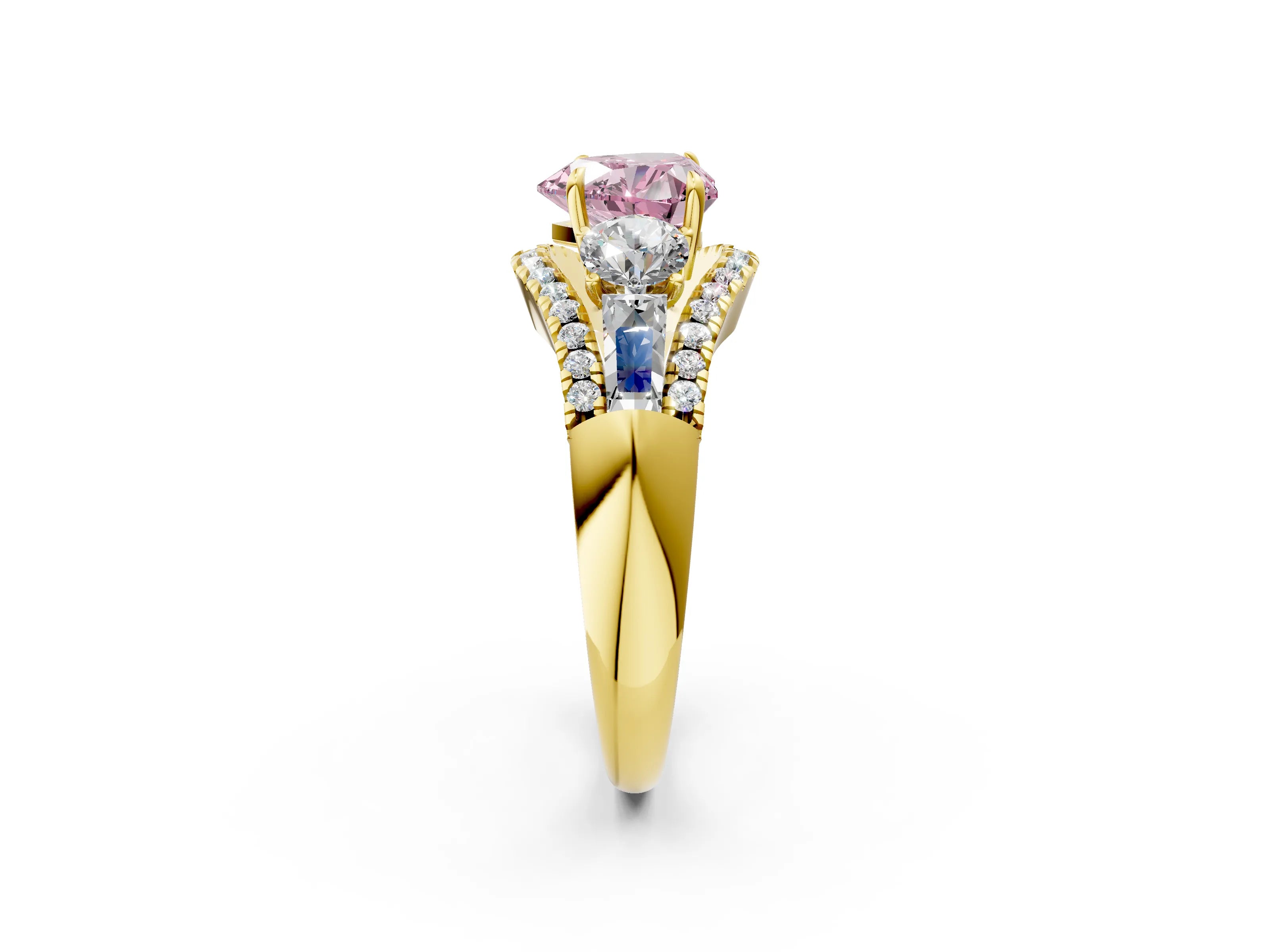 Yellow gold Three-Stone Fancy Pink Heart Cut Diamond Engagement Ring with Pave Band and Prong Setting_2