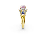 Yellow gold Three-Stone Fancy Pink Heart Cut Diamond Engagement Ring with Pave Band and Prong Setting_2