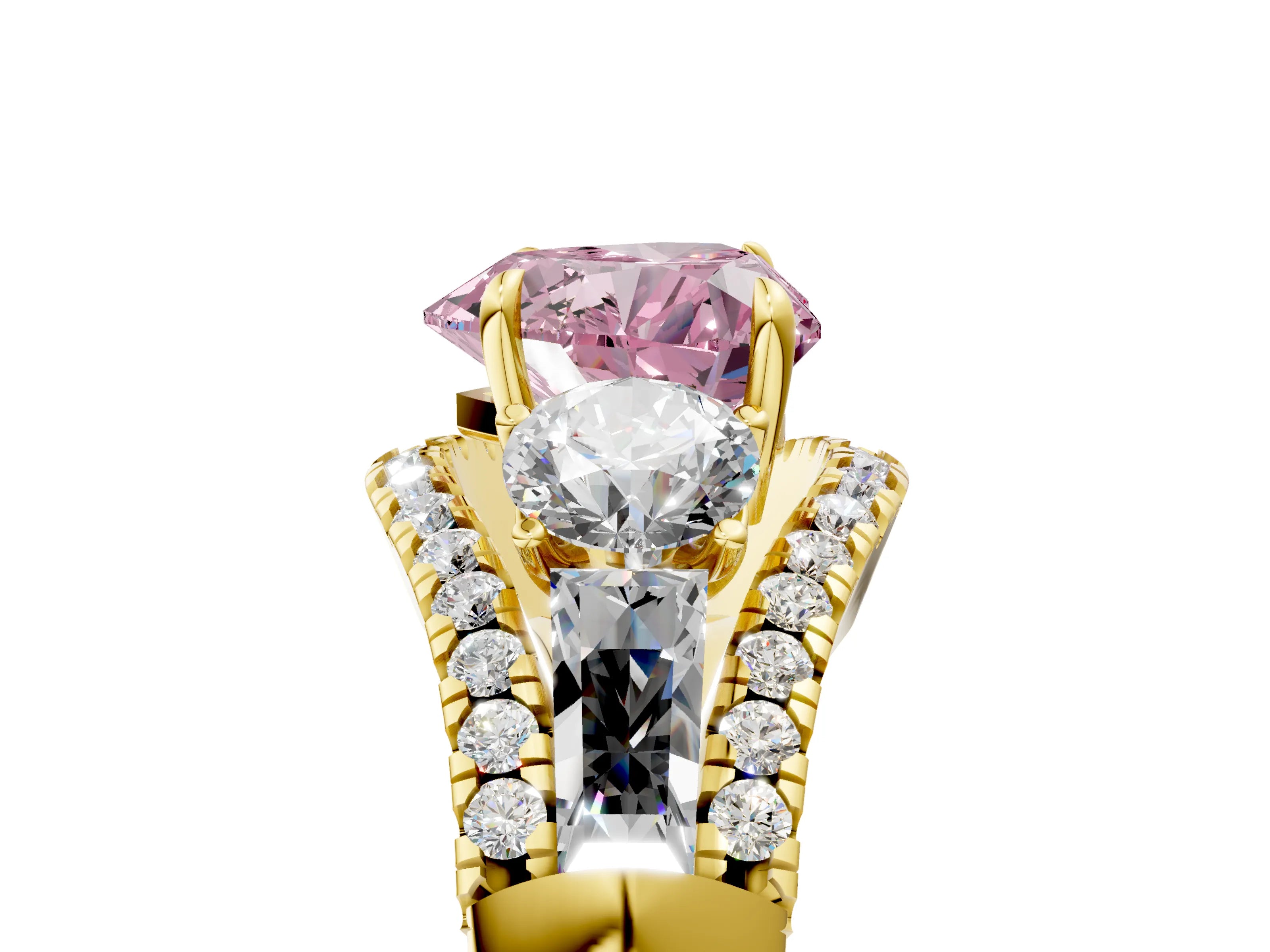 Yellow gold Three-Stone Fancy Pink Heart Cut Diamond Engagement Ring with Pave Band and Prong Setting_5