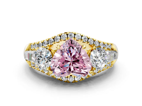 Yellow gold Three-Stone Fancy Pink Heart Cut Diamond Engagement Ring with Pave Band and Prong Setting
