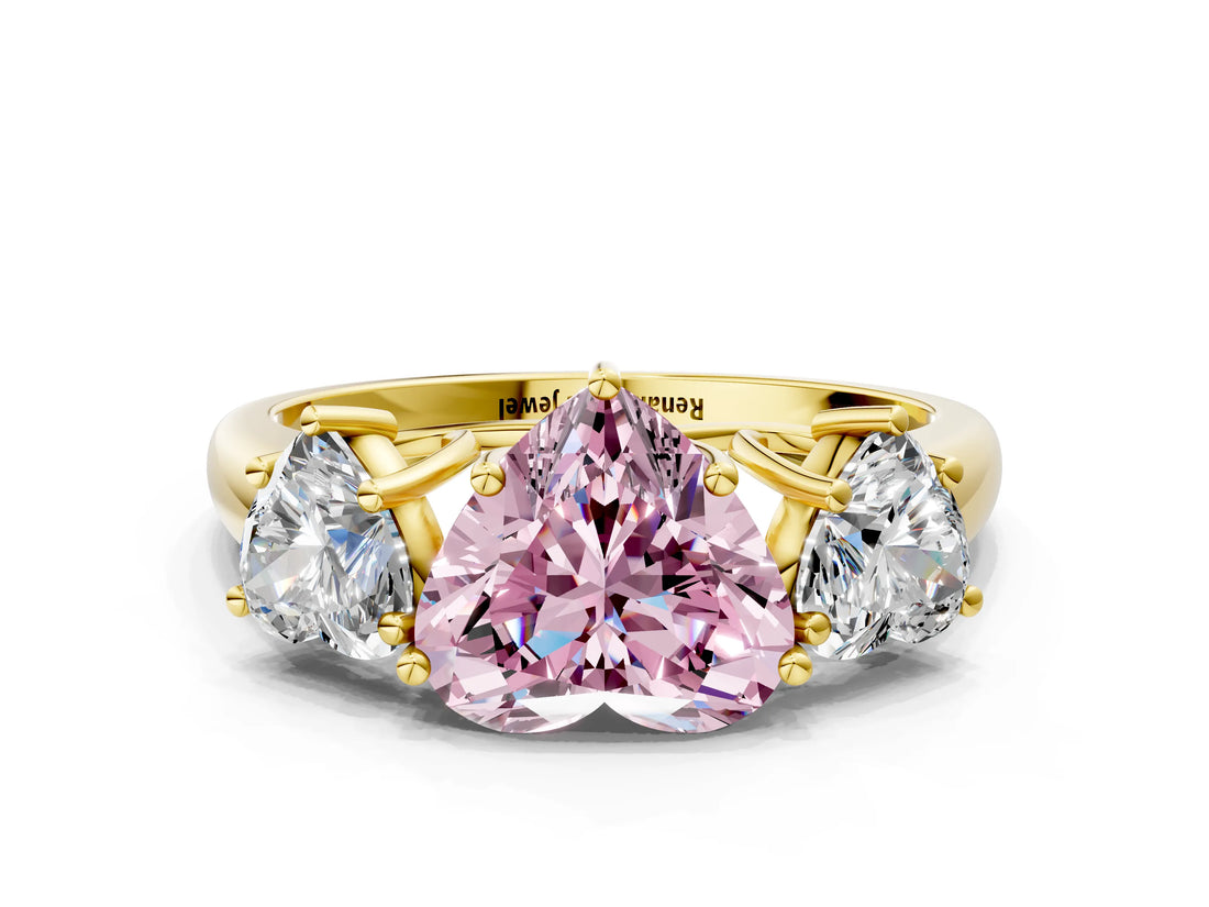 Yellow gold Three-Stone Fancy Pink Heart Cut Diamond Engagement Ring with Prong Setting_3