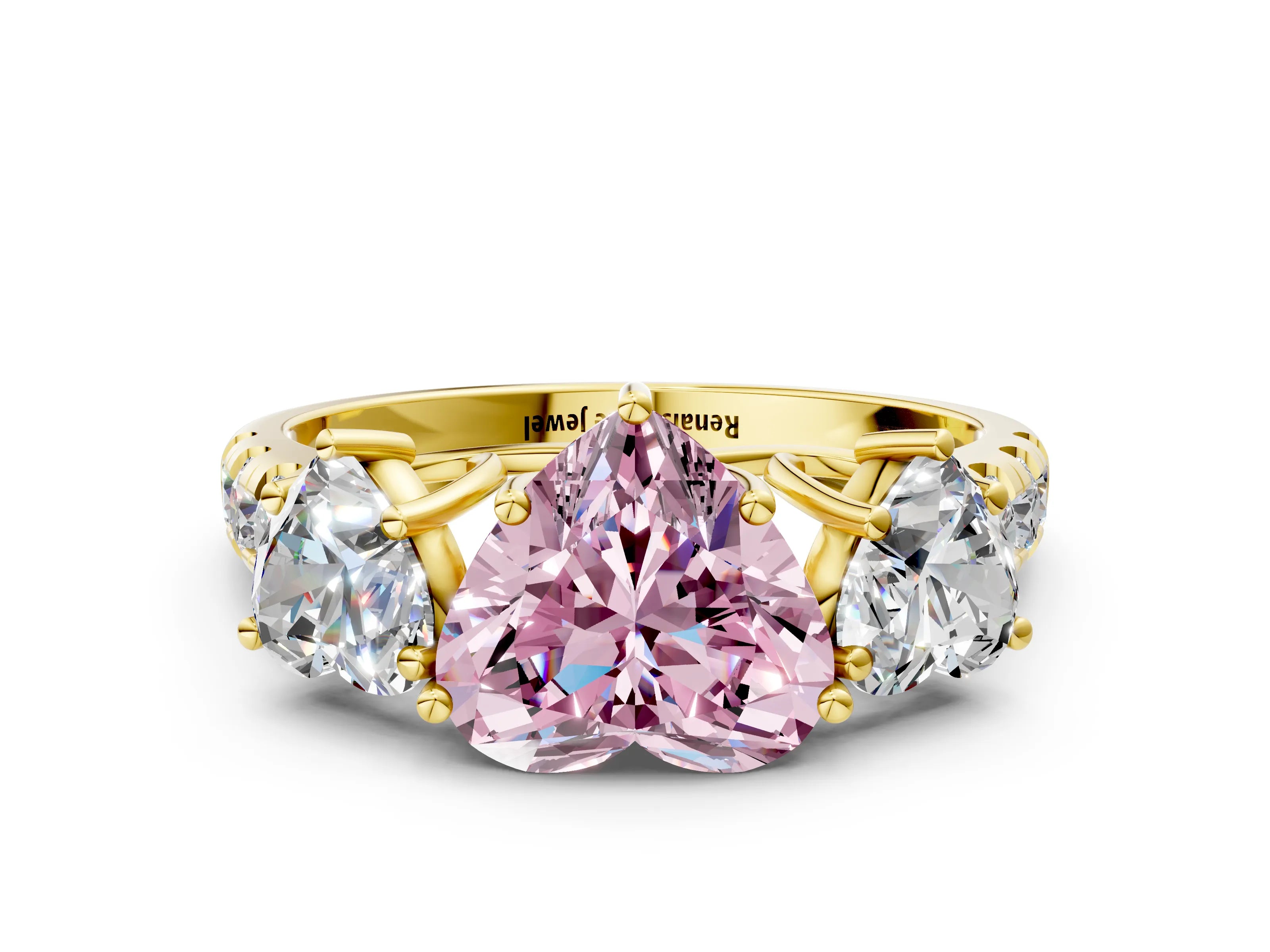 Yellow gold Three-Stone Fancy Pink Heart Cut Diamond Pavé Band with Prong Setting