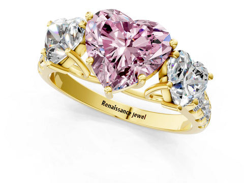 Yellow gold Three-Stone Fancy Pink Heart Cut Diamond Pavé Band with Prong Setting_1