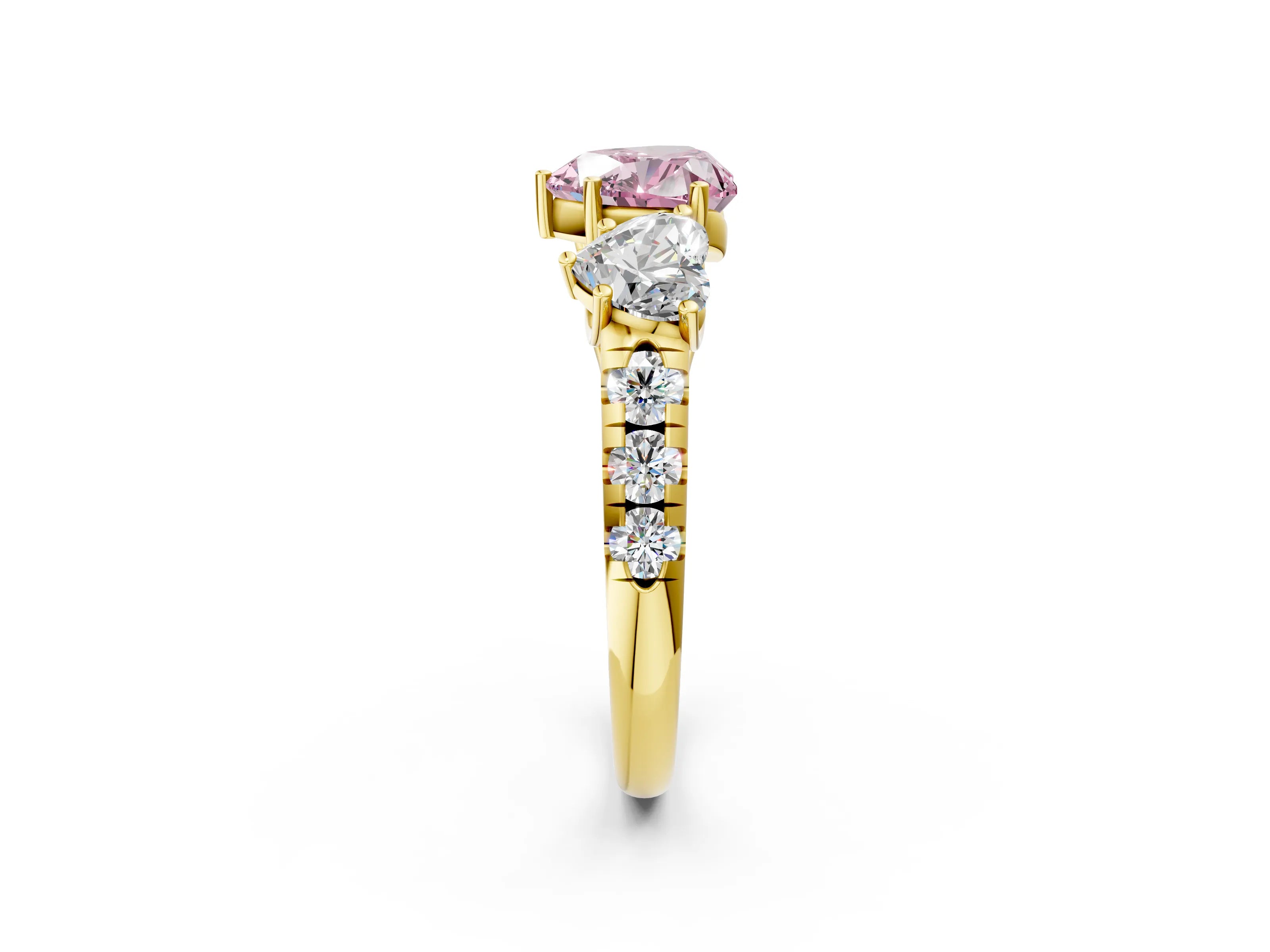 Yellow gold Three-Stone Fancy Pink Heart Cut Diamond Pavé Band with Prong Setting_2