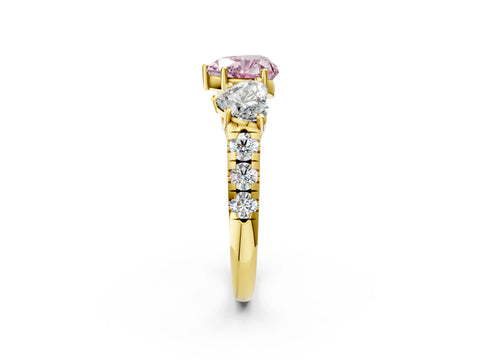 Yellow gold Three-Stone Fancy Pink Heart Cut Diamond Pavé Band with Prong Setting_2