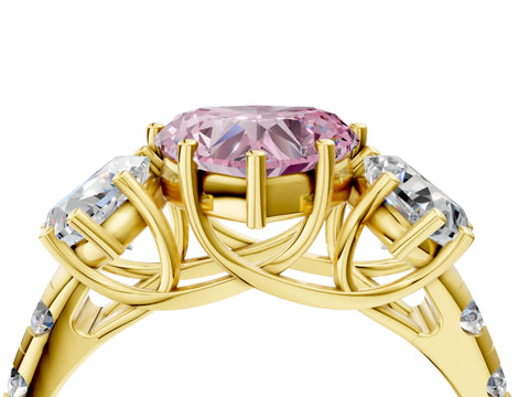 Yellow gold Three-Stone Fancy Pink Heart Cut Diamond Pavé Band with Prong Setting_4