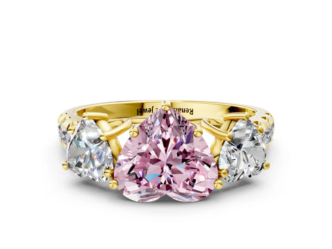 Yellow gold Three-Stone Fancy Pink Heart Cut Diamond Pavé Band with Prong Setting