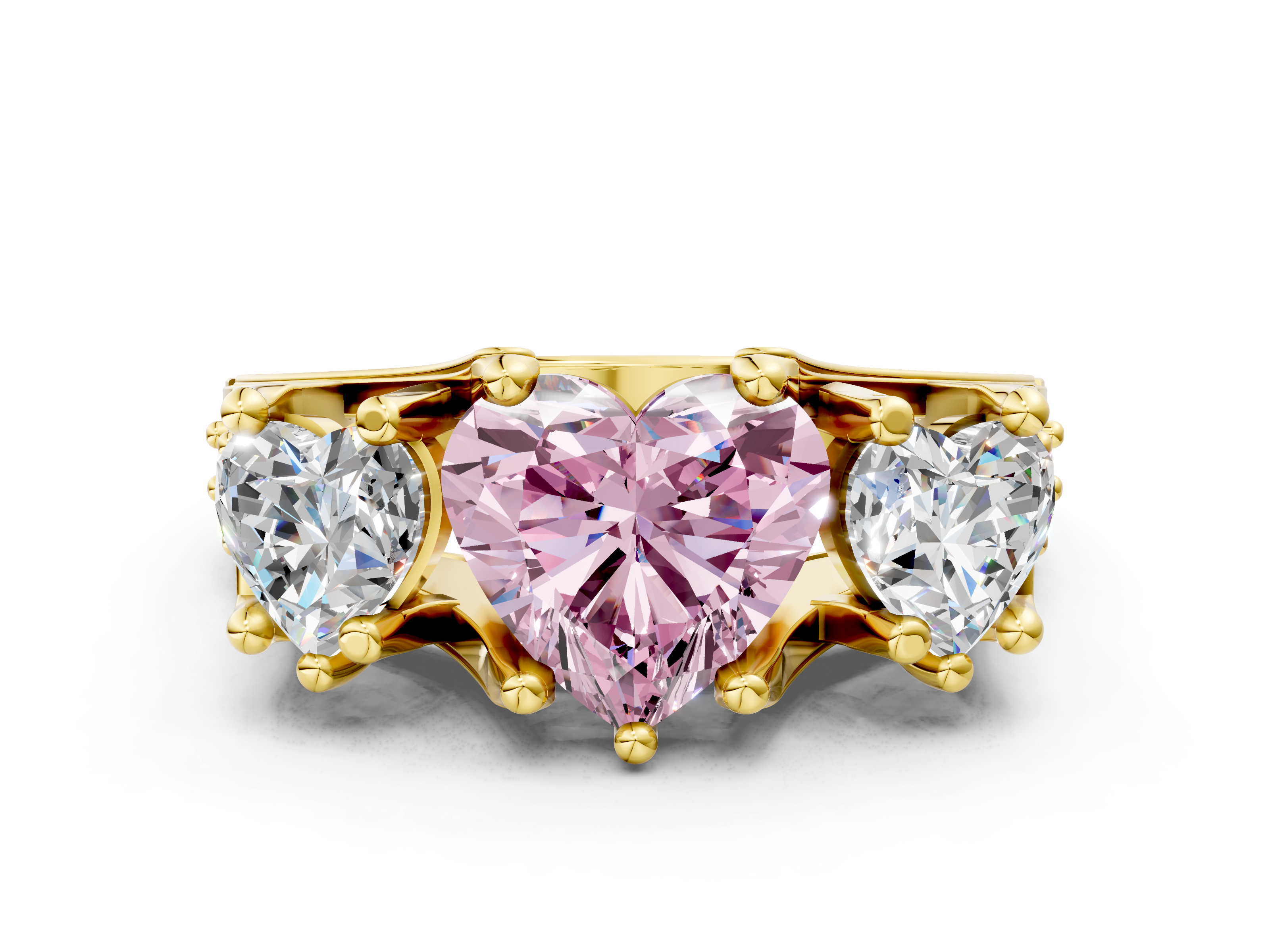 Yellow gold Three-Stone Fancy Pink Heart  Cut Diamond Ring with Channel-Set Band and Four-Prong Setting_35