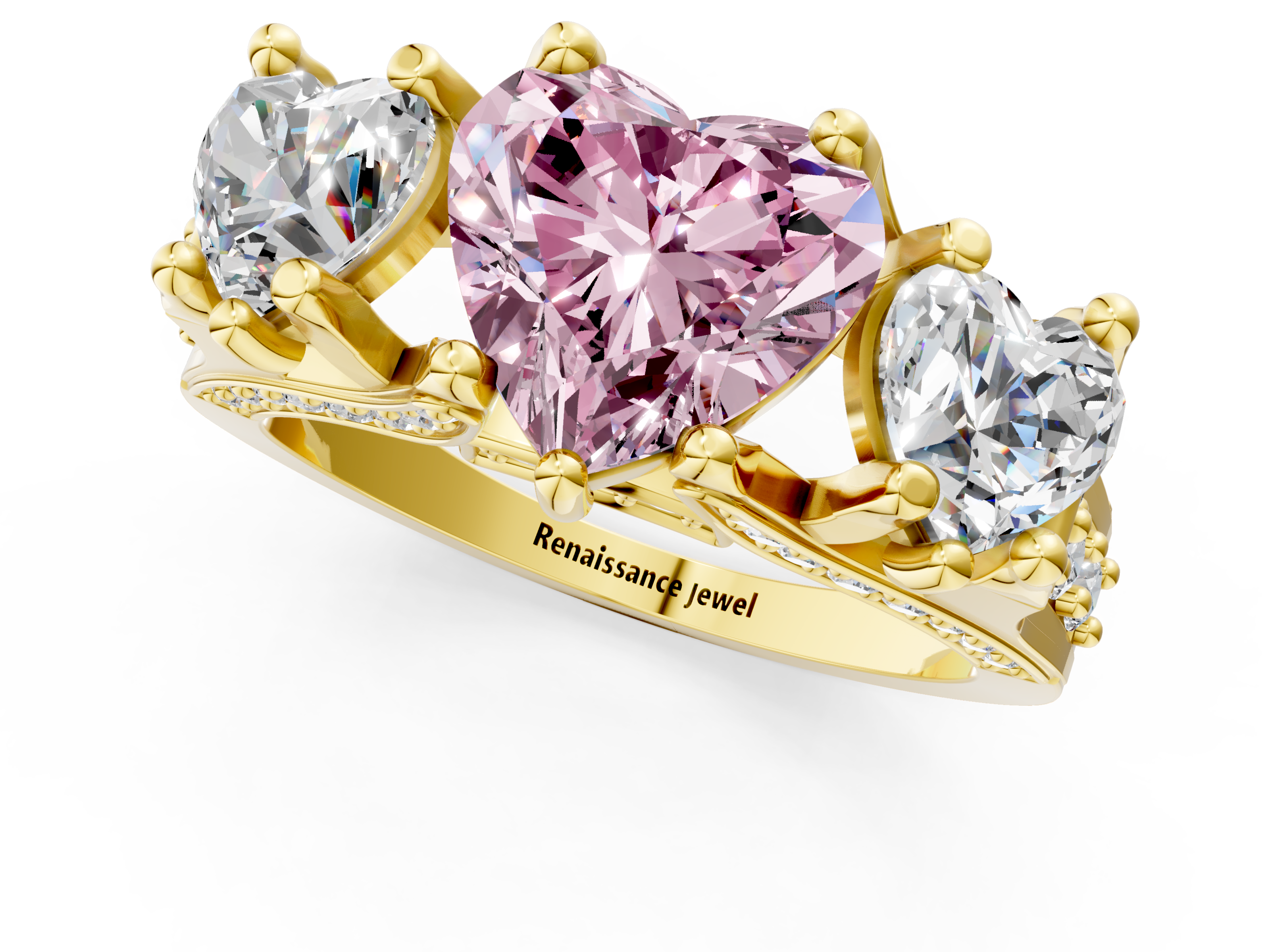 Yellow gold Three-Stone Fancy Pink Heart  Cut Diamond Ring with Channel-Set Band and Four-Prong Setting_36