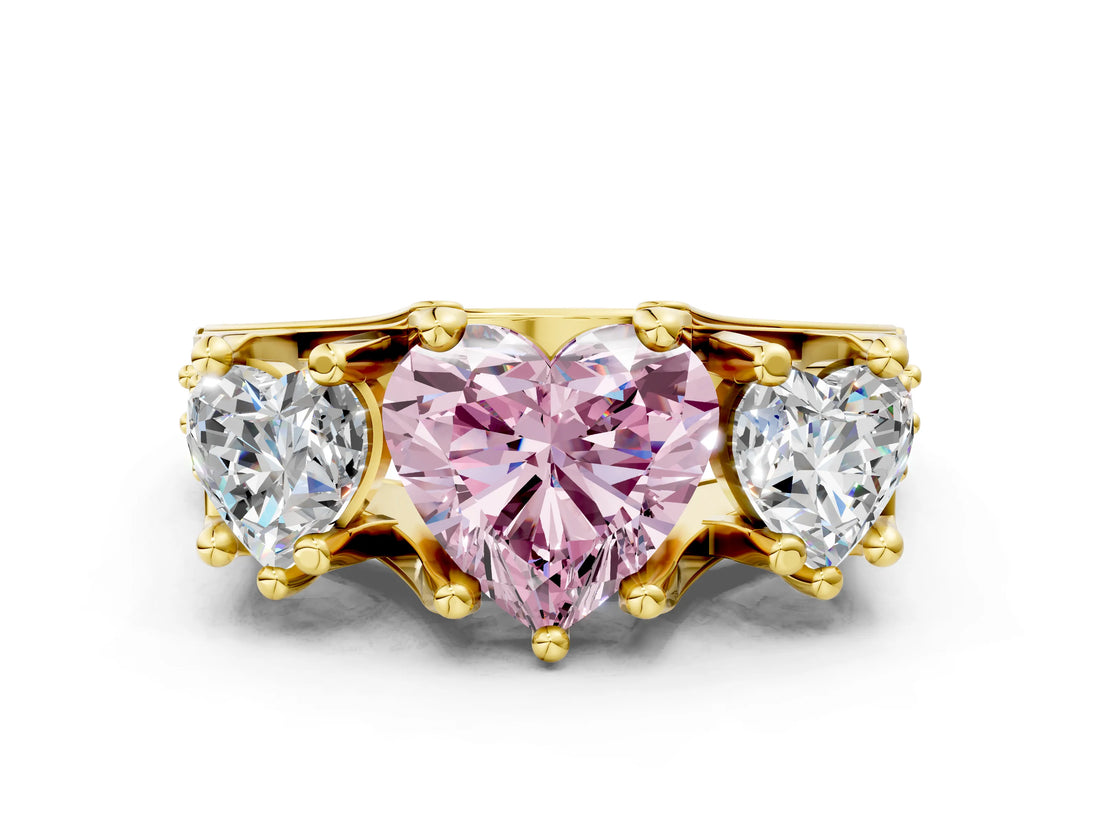 Yellow gold Three-Stone Fancy Pink Heart  Cut Diamond Ring with Channel-Set Band and Four-Prong Setting_52
