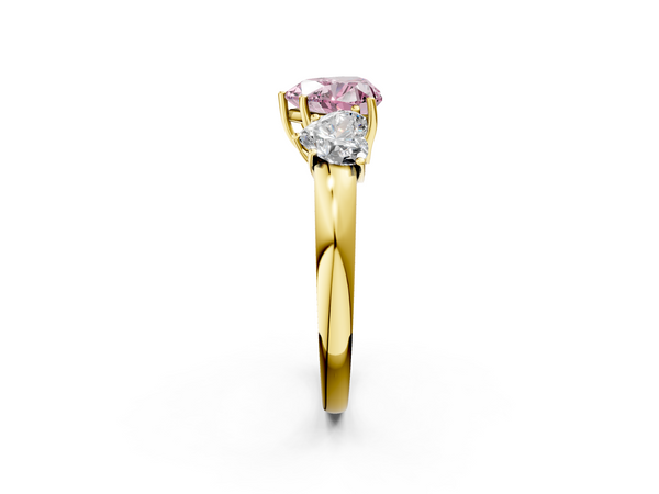 Yellow Gold Heart-Shaped Plain Band Three Stone Engagement Ring Setting for Fancy Pink Center