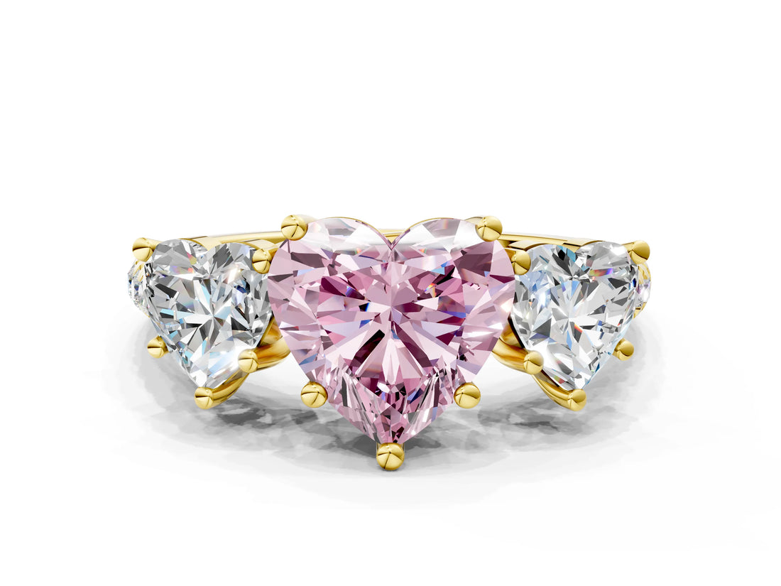 Yellow gold Three-Stone Fancy Pink Heart Cut Diamond Ring with Pavé Band and Prong Setting_92