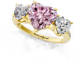 Yellow gold Three-Stone Fancy Pink Heart Cut Diamond Ring with Pavé Band and Prong Setting_93
