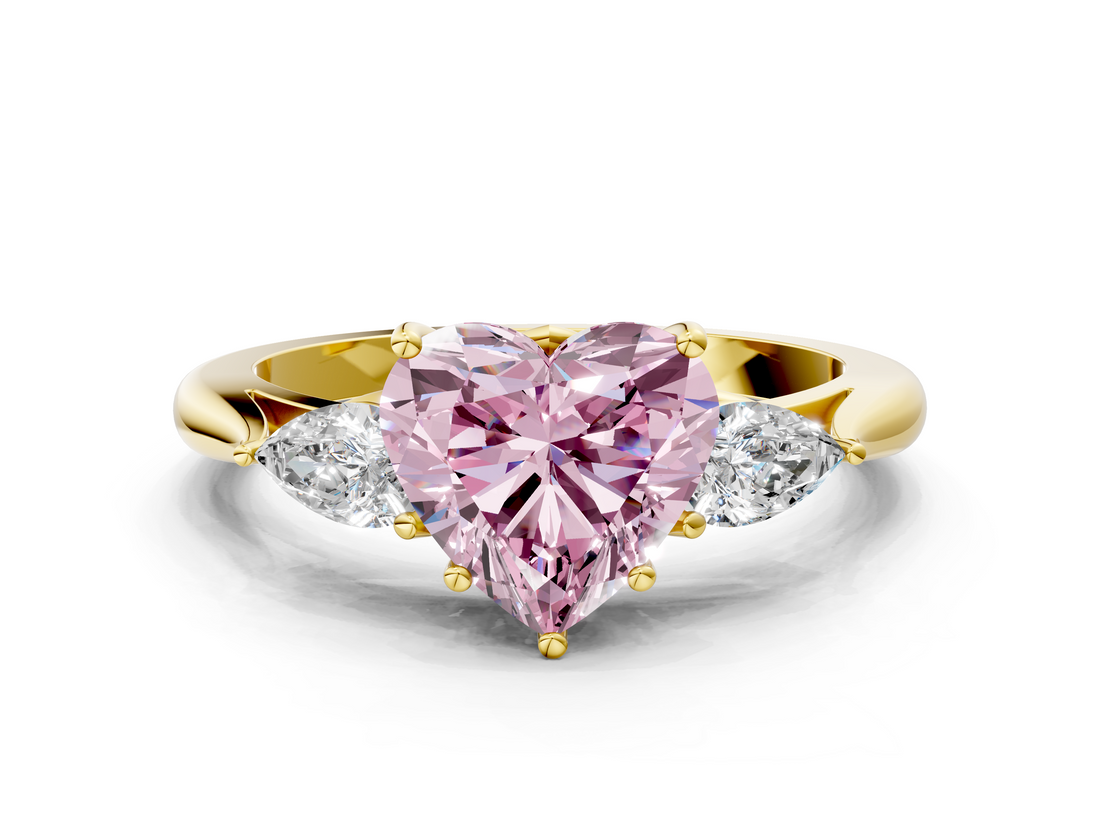 Yellow gold Three-Stone Fancy Pink Heart  Cut Diamond Ring with Pear Side Stones in Four-Prong Setting_115
