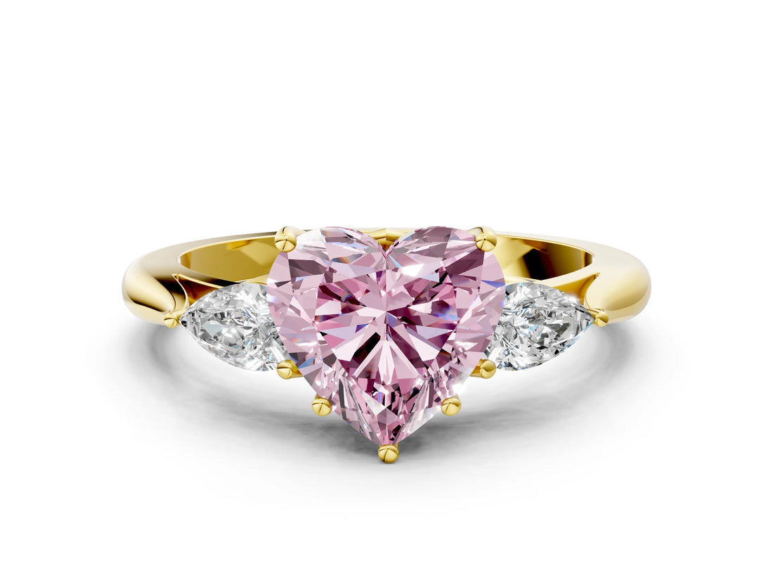 Yellow gold Three-Stone Fancy Pink Heart Cut Diamond Ring with Pear  Side Stones in Four-Prong Setting_36