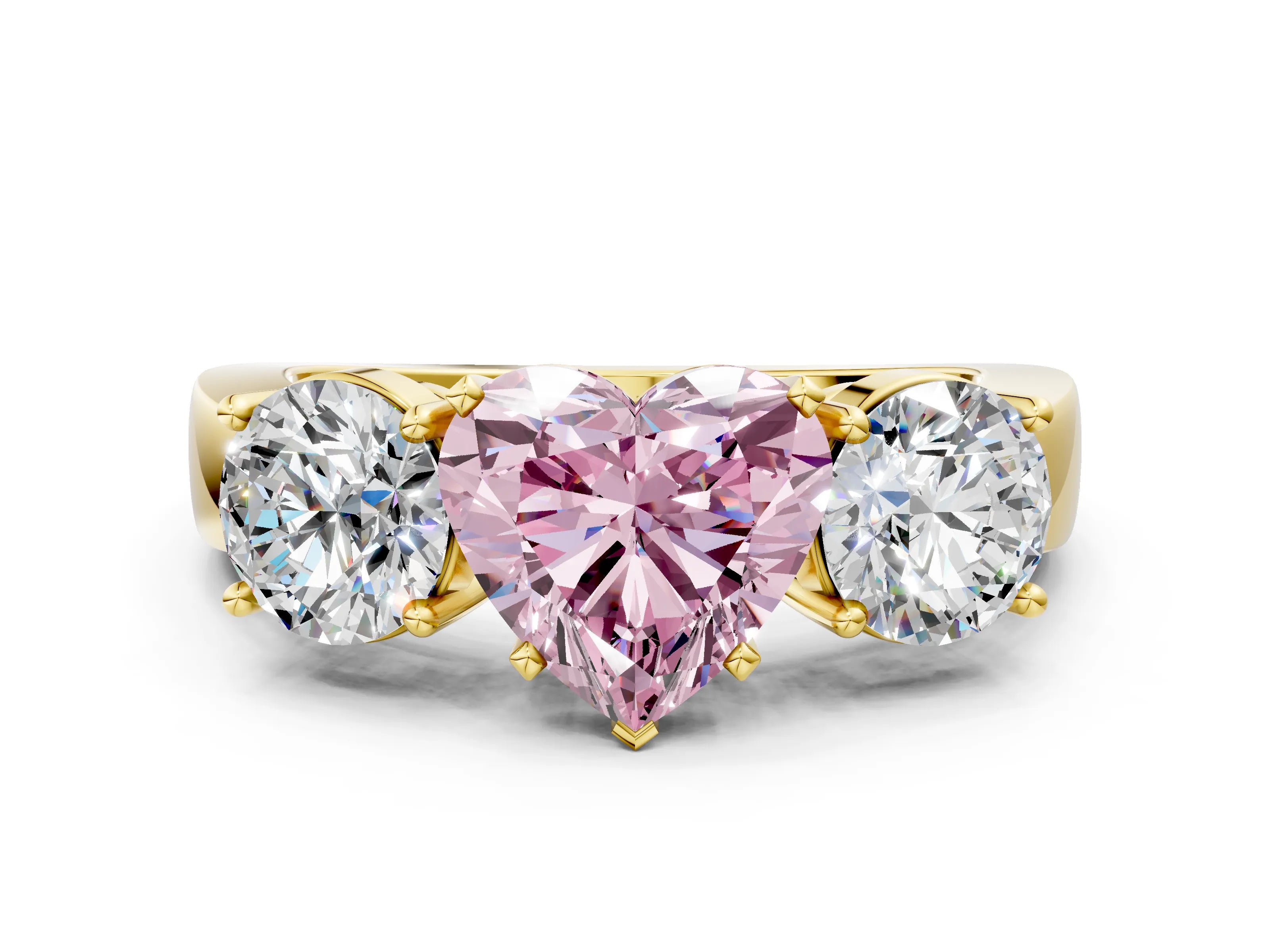 Yellow gold Three-Stone Fancy Pink Heart Cut Diamond Ring with Round Side Stones, Classic Band, and Four-Prong Setting
