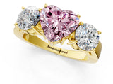Yellow gold Three-Stone Fancy Pink Heart Cut Diamond Ring with Round Side Stones, Classic Band, and Four-Prong Setting_1