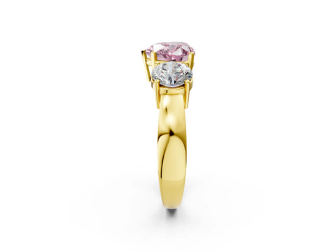 Yellow gold Three-Stone Fancy Pink Heart Cut Diamond Ring with Round Side Stones, Classic Band, and Four-Prong Setting_2