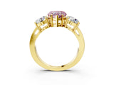 Yellow gold Three-Stone Fancy Pink Heart Cut Diamond Ring with Round Side Stones, Classic Band, and Four-Prong Setting_3