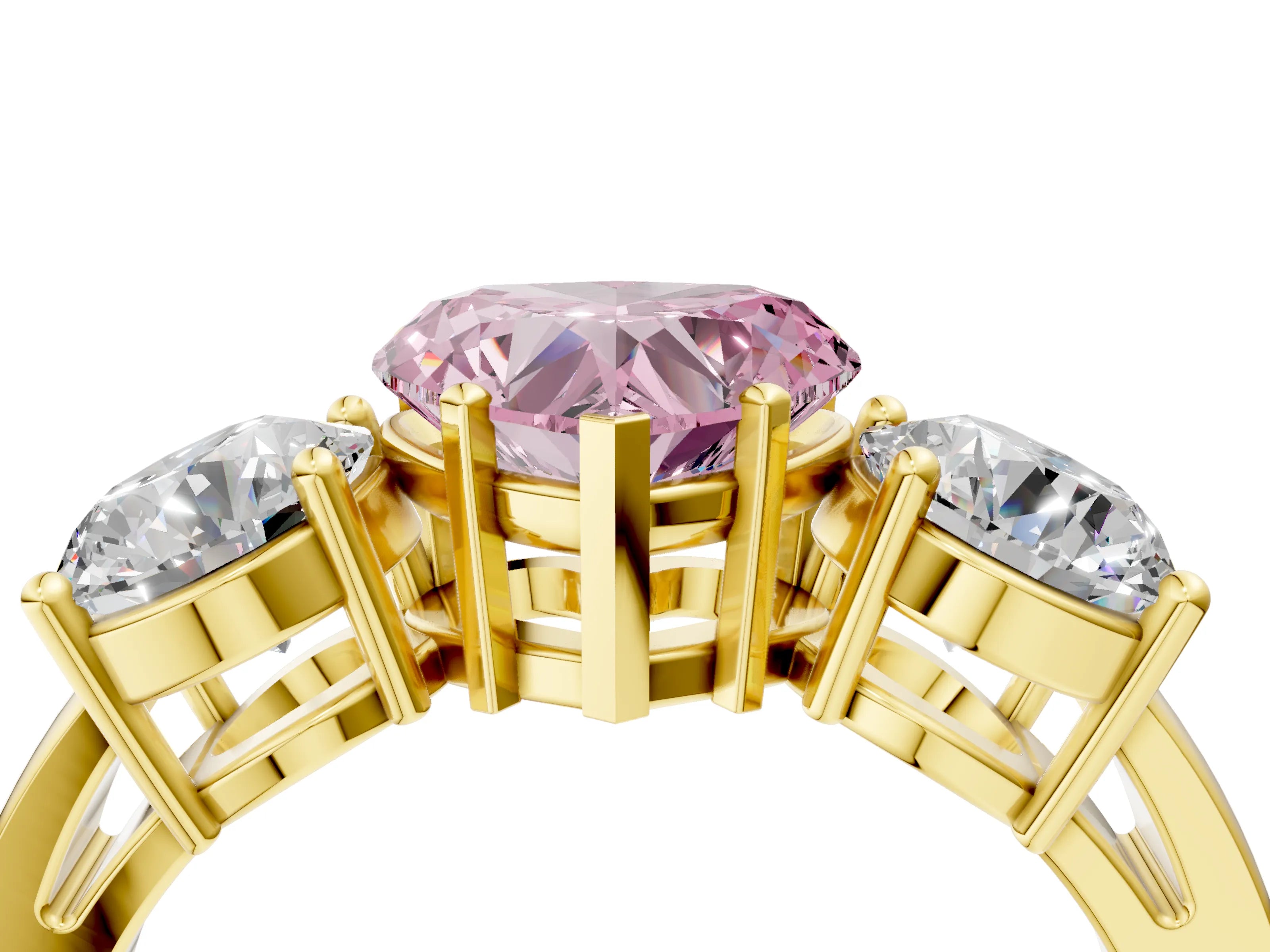 Yellow gold Three-Stone Fancy Pink Heart Cut Diamond Ring with Round Side Stones, Classic Band, and Four-Prong Setting_4