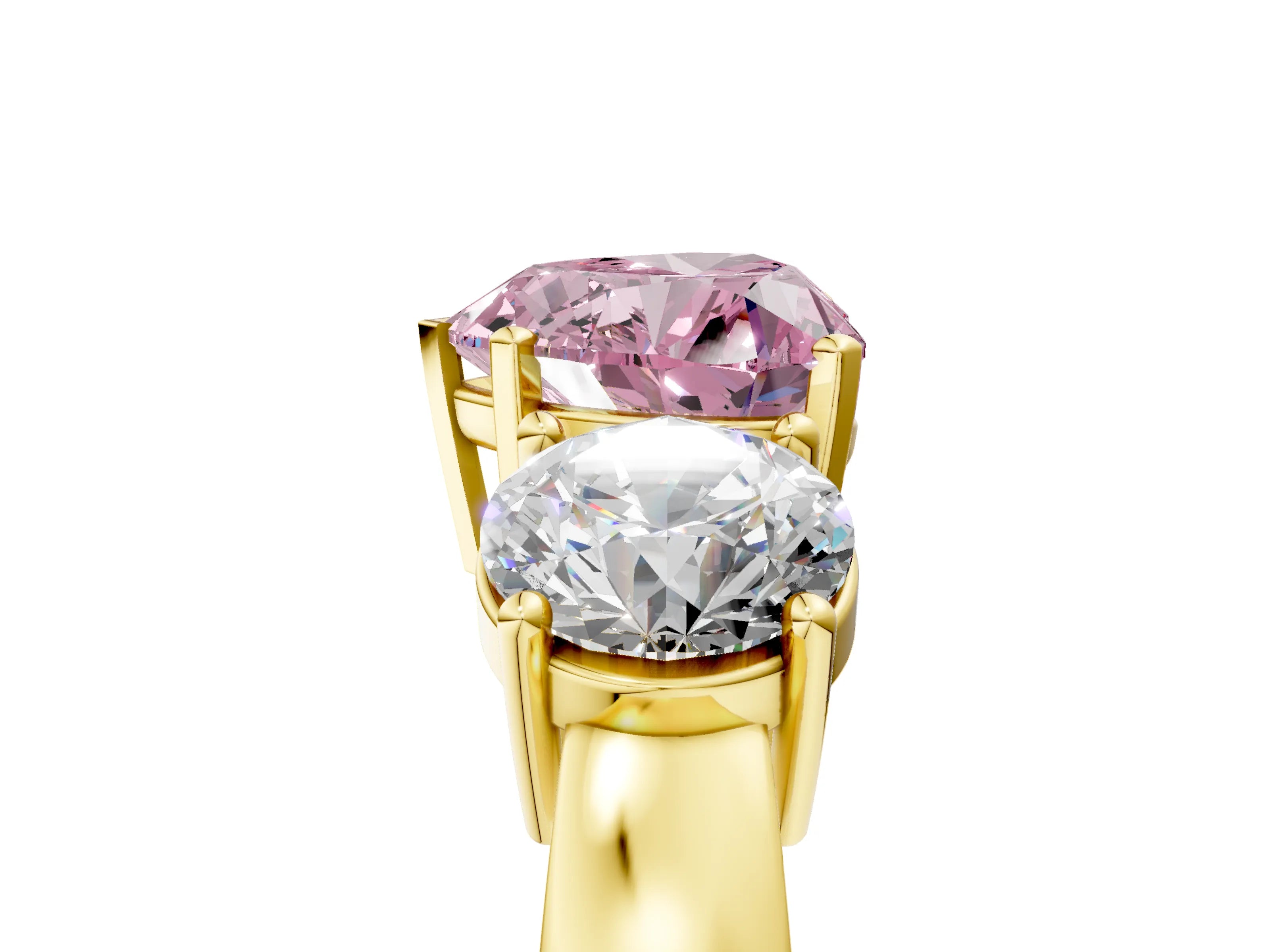 Yellow gold Three-Stone Fancy Pink Heart Cut Diamond Ring with Round Side Stones, Classic Band, and Four-Prong Setting_5