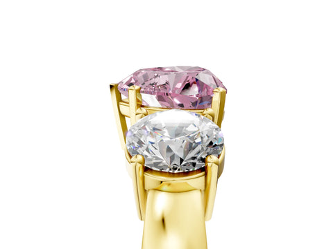 Yellow gold Three-Stone Fancy Pink Heart Cut Diamond Ring with Round Side Stones, Classic Band, and Four-Prong Setting_5